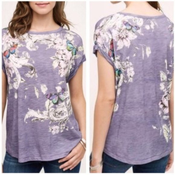 Anthropologie Postmark Butterfly & Flower Purple Tee - M - Picture 1 of 9
